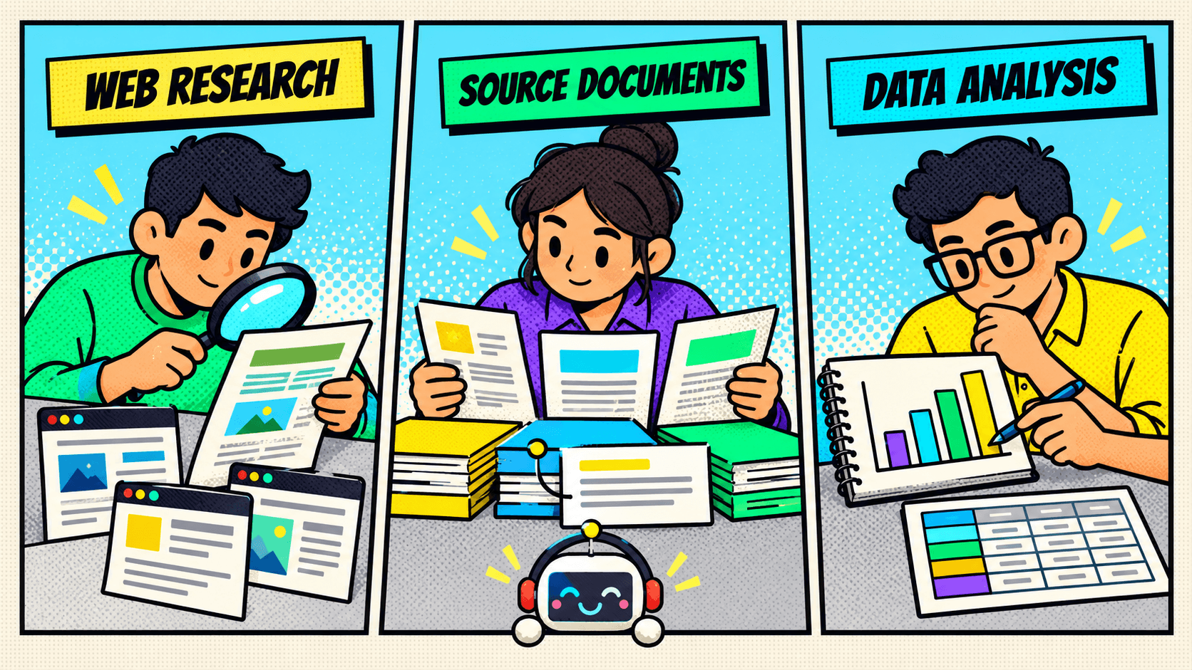 Comic illustration of three people checking web research, source documents and a chart against its data table.